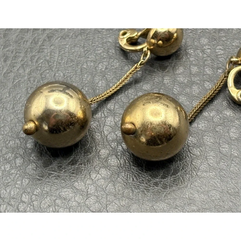 Vintage Monet Ball Dangle Drop Bead Earrings Clip-On Gold Tone